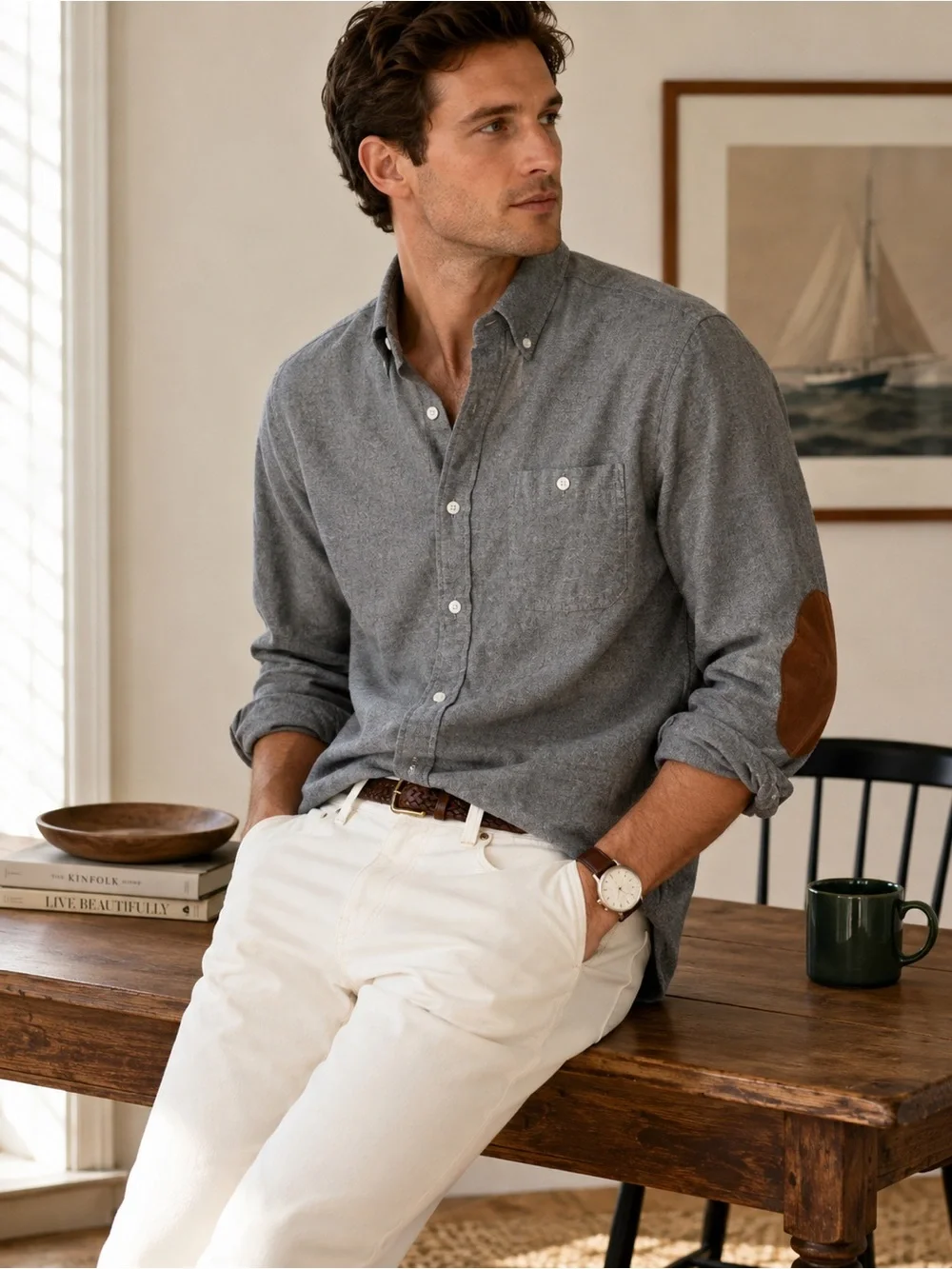 J.Crew Slim Gray Cotton Wool Button Down Shirt Elbow Patch Size‎ L